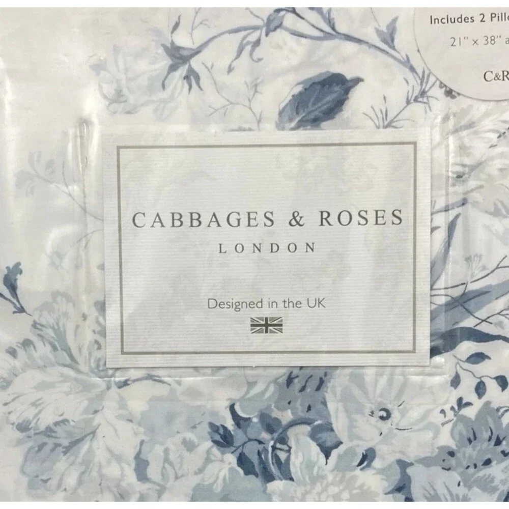 Cabbages and Roses London King Duvet Cover plus 2 Shams Set Constance Blue White